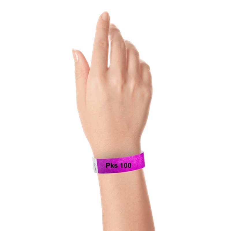 a hand wearing tyvek 3/4" solid wristband pantone purple pks 100