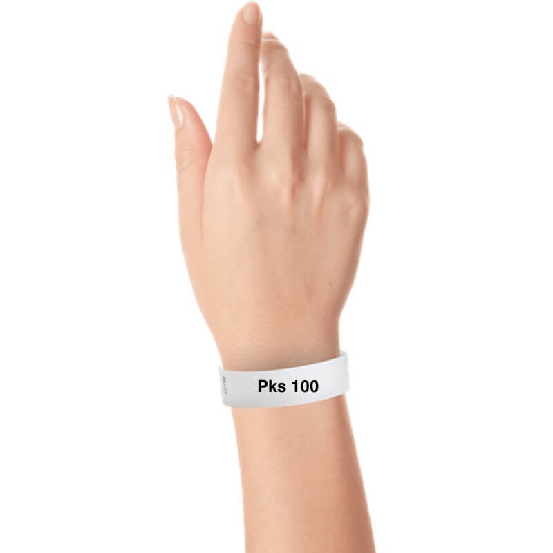 a hand wearing tyvek 3/4" solid wristband white pks 100