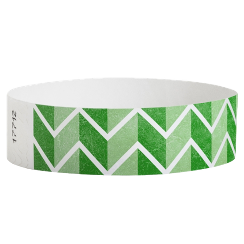Green and white chevron patterned tyvek wristband - round version shown