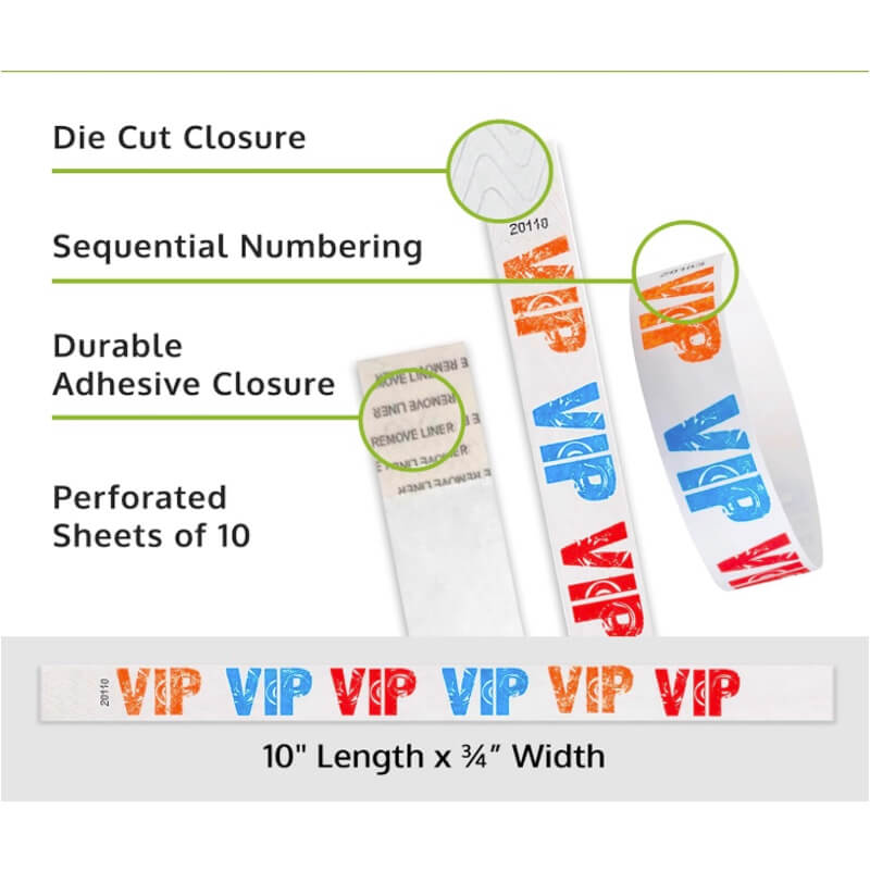 vip tyvek wristband detail product page showing the die cut adhesive closure, sequential numbering, perforated sheets of 10 and the dimensions.