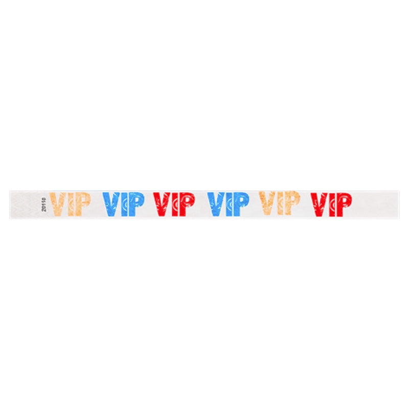 White wristband with colorful 'VIP' text in neon orange, neon blue and neon red colours - flat version shown