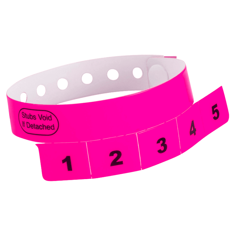 vinyl 5 tab wristbands shown in stock pattern with imprint "stub void if detached" and the number 1-5 on the stubs, shown in neon pink