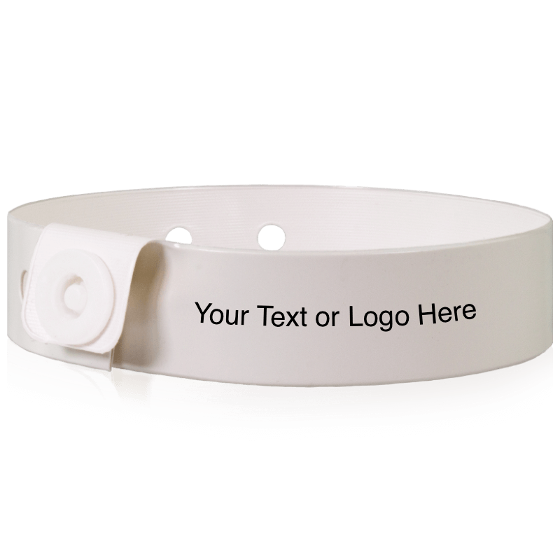 Slim vinyl wristbands with a placeholder to show where you can customize the wristband shown in white