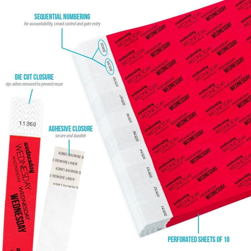 Product packaging with die cut closure, sequential numbering, durable adhesive closure, and perforated sheets of 10; shown in a neon red tyvek wristband with black wednesday text repeated