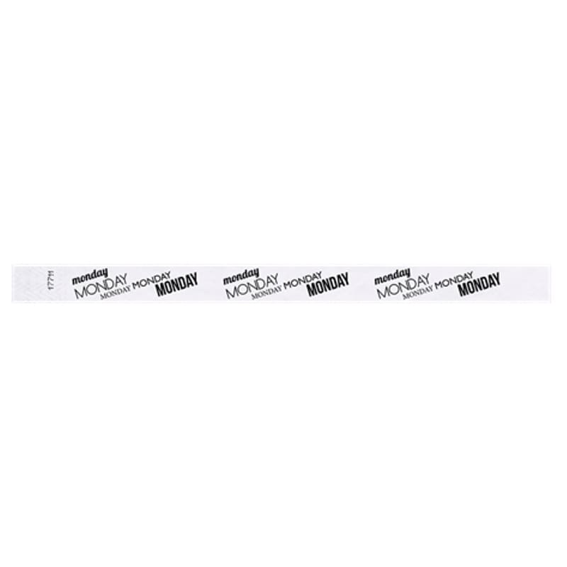 white tyvek wristband with monday text in black ink repeated