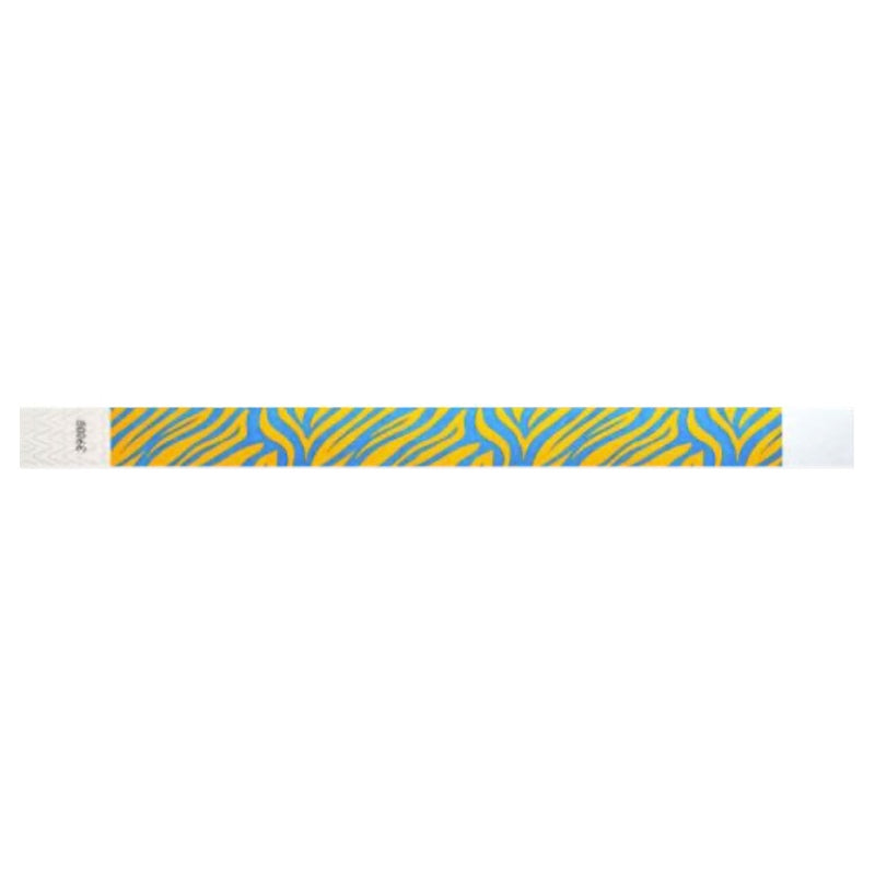 neon orange tyvek wristband with neon blue zebra pattern - flat version shown