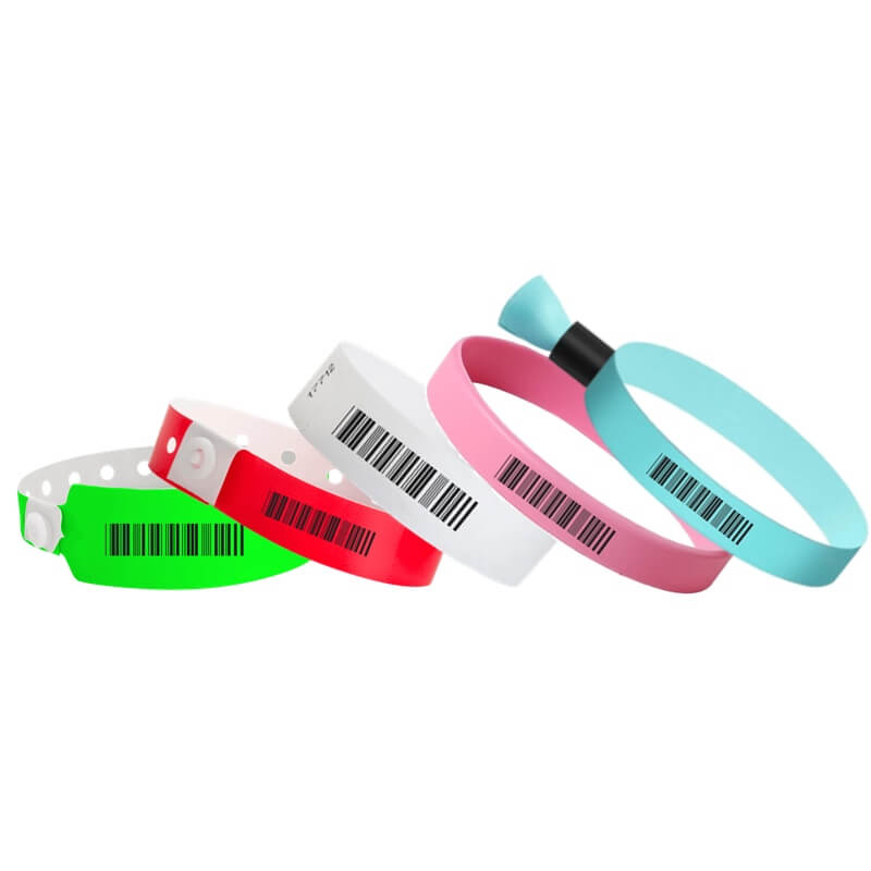 bar code wristbands shown in wide face vinyl neon green, regular plastic neon red, tyvek 3/4" white, light pink silicone and sky blue cloth