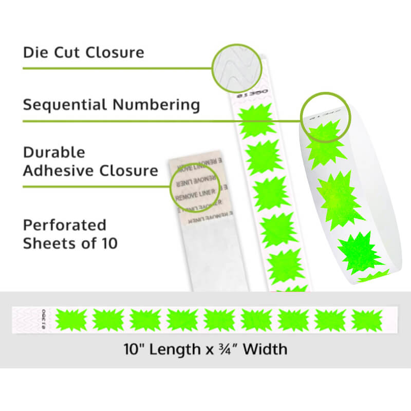 Product packaging with die cut closure, sequential numbering, durable adhesive closure, and perforated sheets of 10 on a white background shown in burst neon green