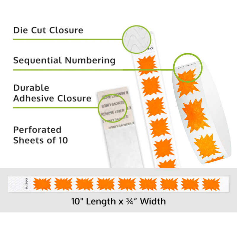 Product packaging with die cut closure, sequential numbering, durable adhesive closure, and perforated sheets of 10 on a white background shown in burst neon orange