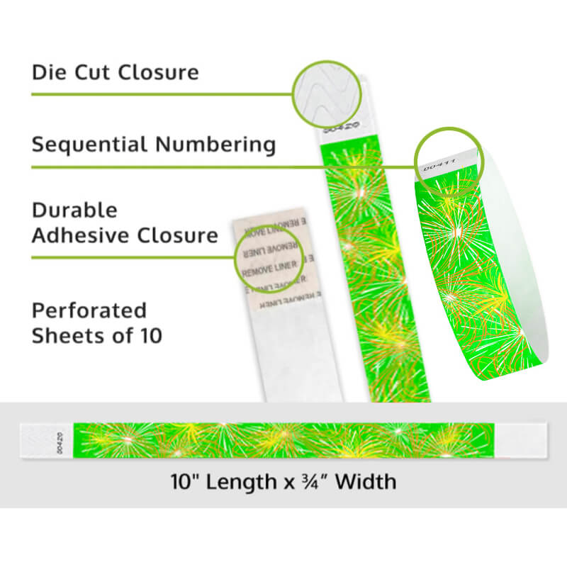Fireworks tyvek wristband detail product page showing the die cut adhesive closure, sequential numbering, perforated sheets of 10 and the dimensions.