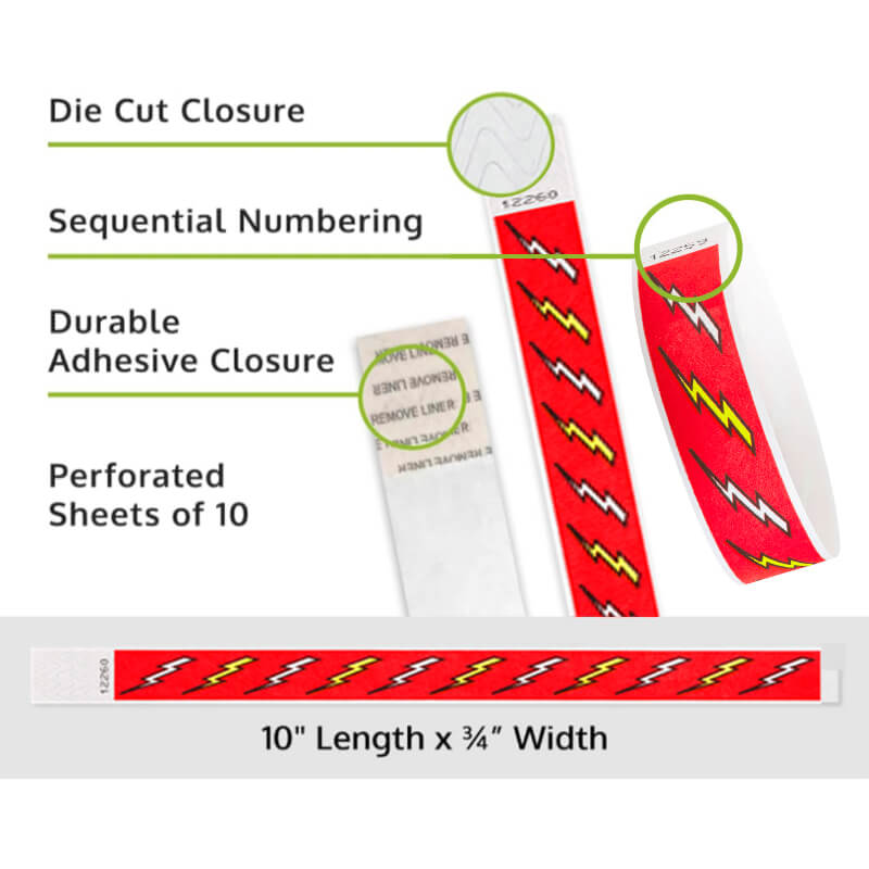 lightning bolt tyvek wristband detail product page showing the die cut adhesive closure, sequential numbering, perforated sheets of 10 and the dimensions.