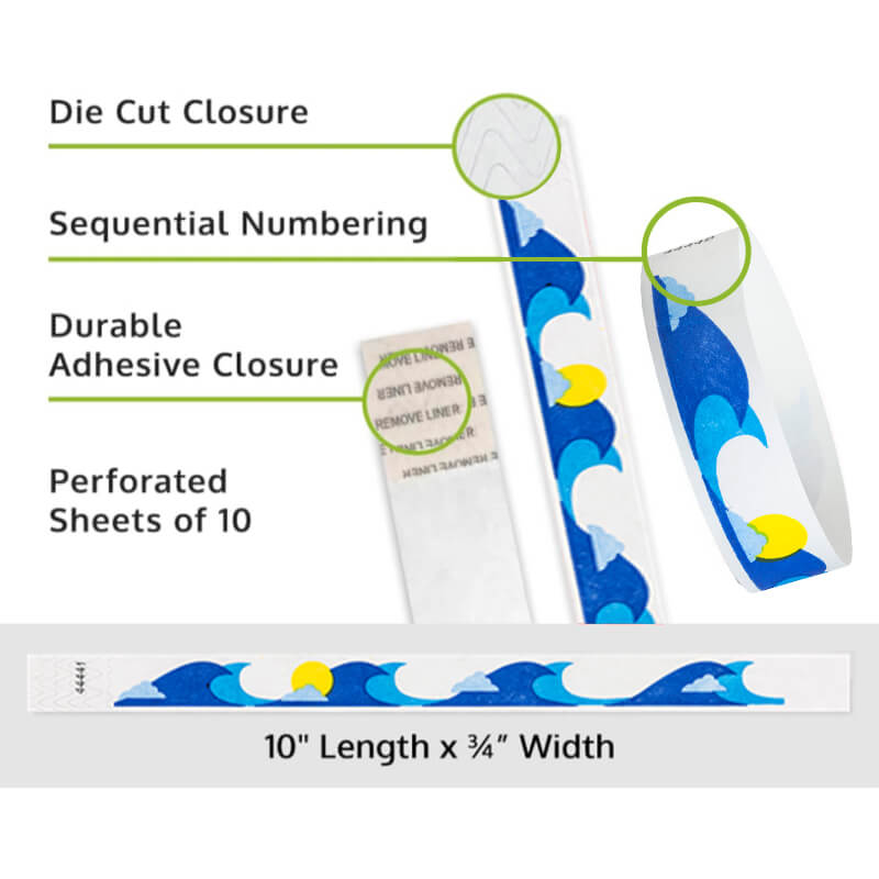 ocean breeze tyvek wristband detail product page showing the die cut adhesive closure, sequential numbering, perforated sheets of 10 and the dimensions.