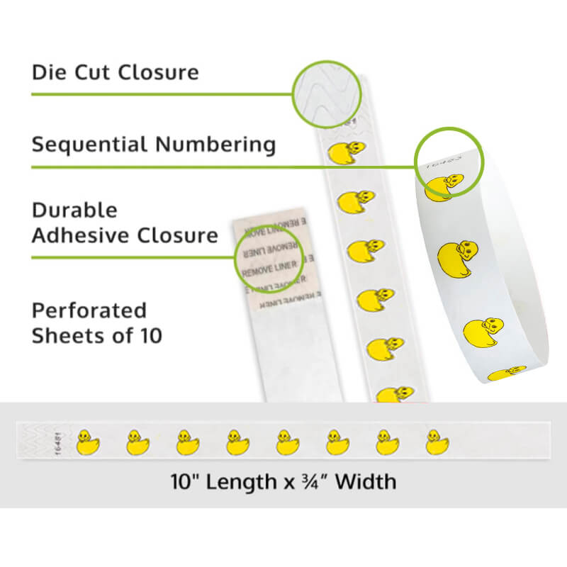 rubber duckies tyvek wristband detail product page showing the die cut adhesive closure, sequential numbering, perforated sheets of 10 and the dimensions.
