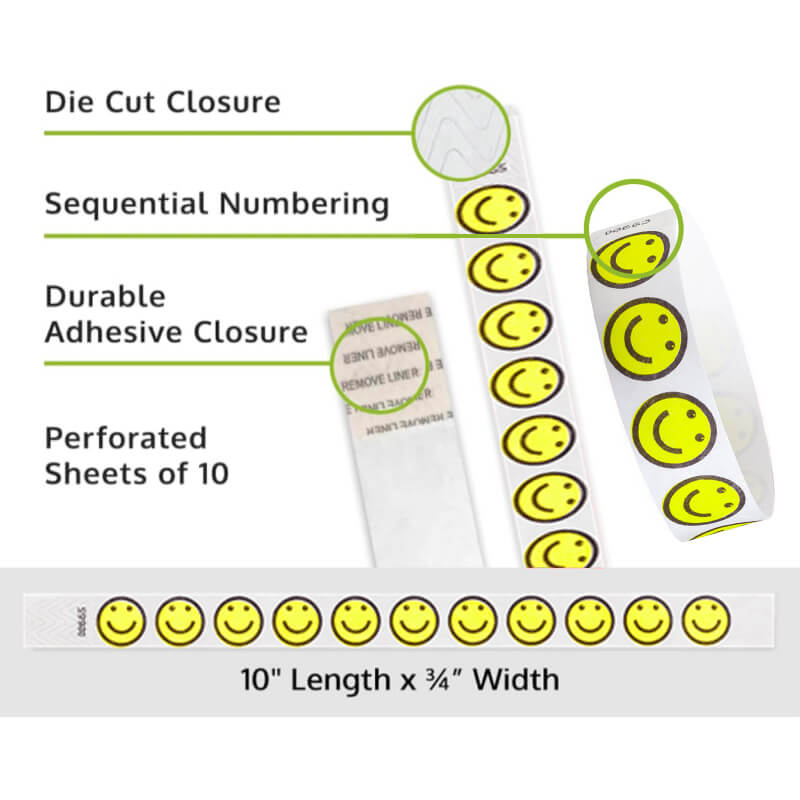 smiley happyface tyvek wristband detail product page showing the die cut adhesive closure, sequential numbering, perforated sheets of 10 and the dimensions.