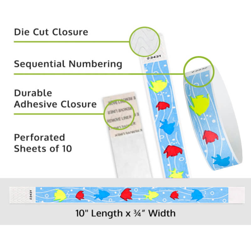 tropical fish tyvek wristband detail product page showing the die cut adhesive closure, sequential numbering, perforated sheets of 10 and the dimensions.