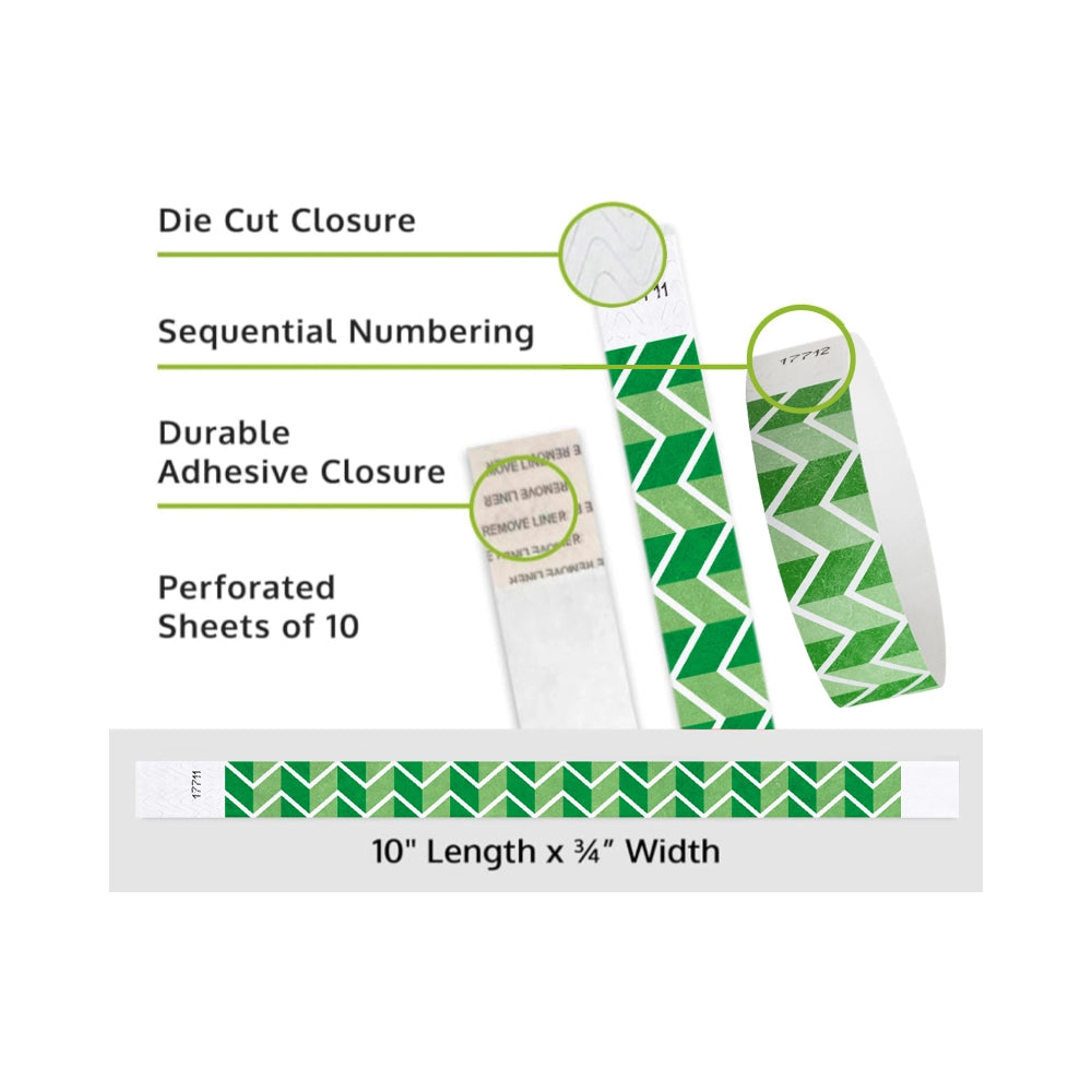 zig zag tyvek wristband detail product page showing the die cut adhesive closure, sequential numbering, perforated sheets of 10 and the dimensions.