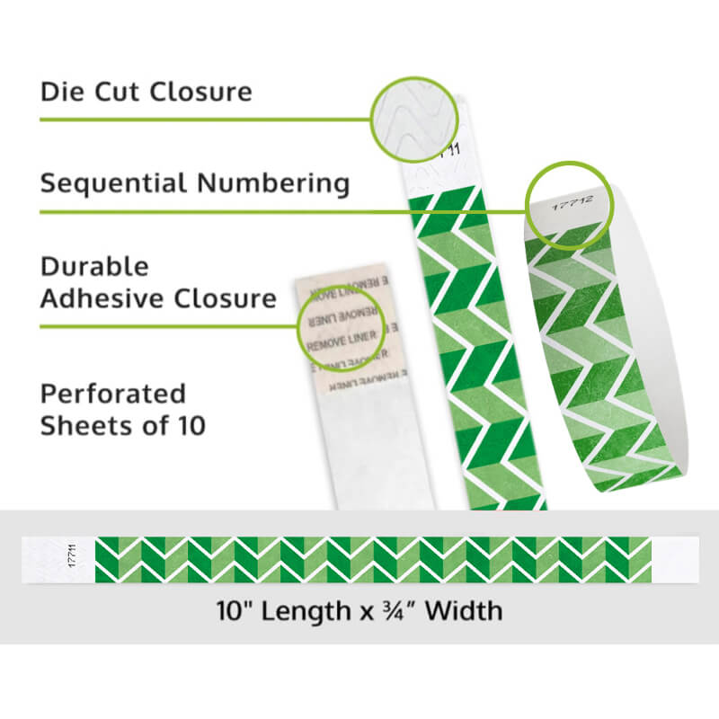 zig zag tyvek wristband detail product page showing the die cut adhesive closure, sequential numbering, perforated sheets of 10 and the dimensions.