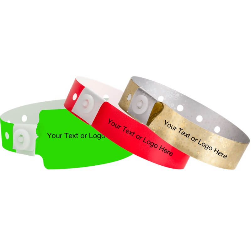 custom plastic wristbands, shown in neon lime wide face, neon red regular and gold holographic