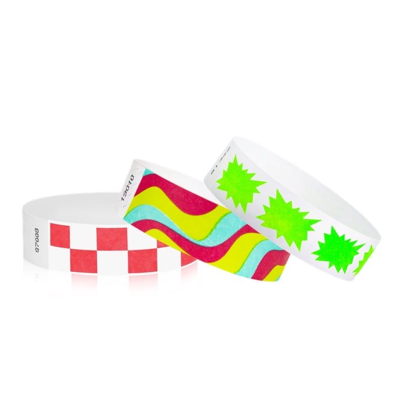 tyvek3-4wristbandpatterns - shown in checks neon red, groovy stripes and burst neon green