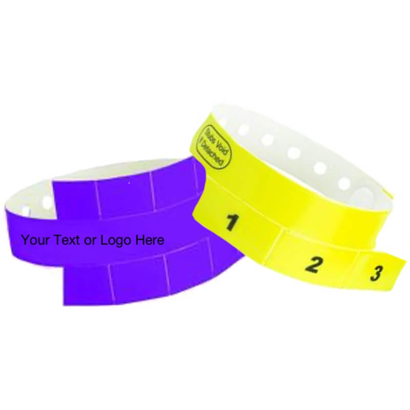 Tabbed Vinyl custom wristbands shown in 10 tab purple and 3 tab neon yellow stock print