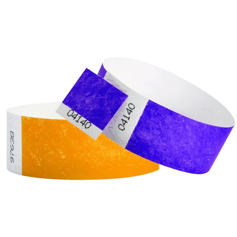 Tyvek1"Wristbands-showing solid neon orange and detachable stub purple