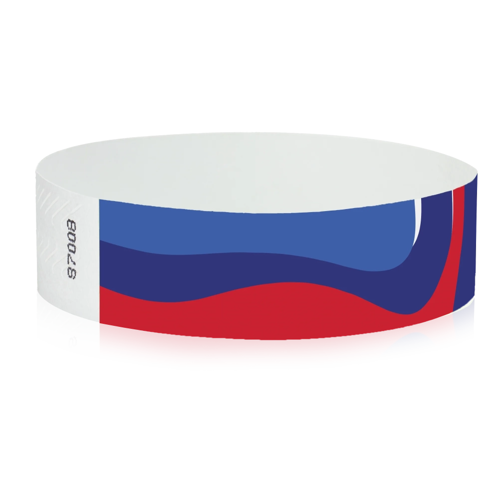 abstract pattern on a white wristband with neon red, neon blue and marine blue - round version shown