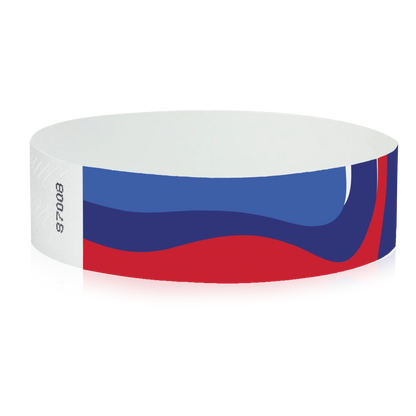 abstract pattern on a white wristband with neon red, neon blue and marine blue - round version shown
