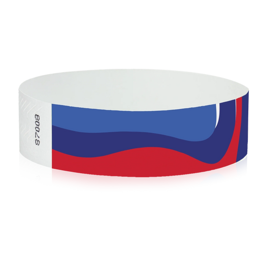abstract pattern on a white wristband with neon red, neon blue and marine blue - round version shown