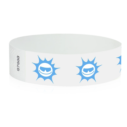White tyvek wristband with neon blue sunface design - round version shown