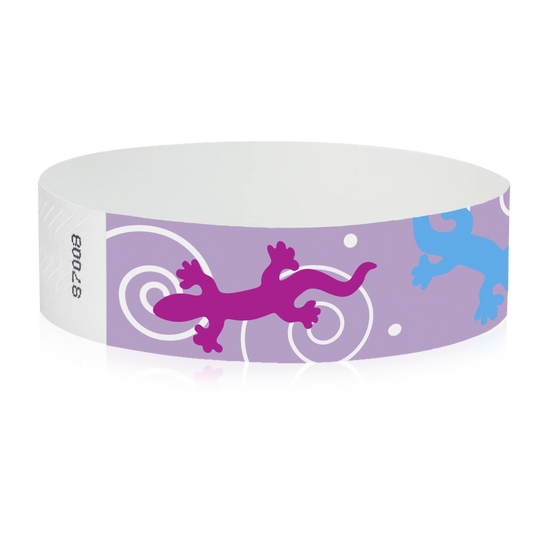 Berry tyvek Wristband with neon pink, neon blue and neon green gecko design - round version shown