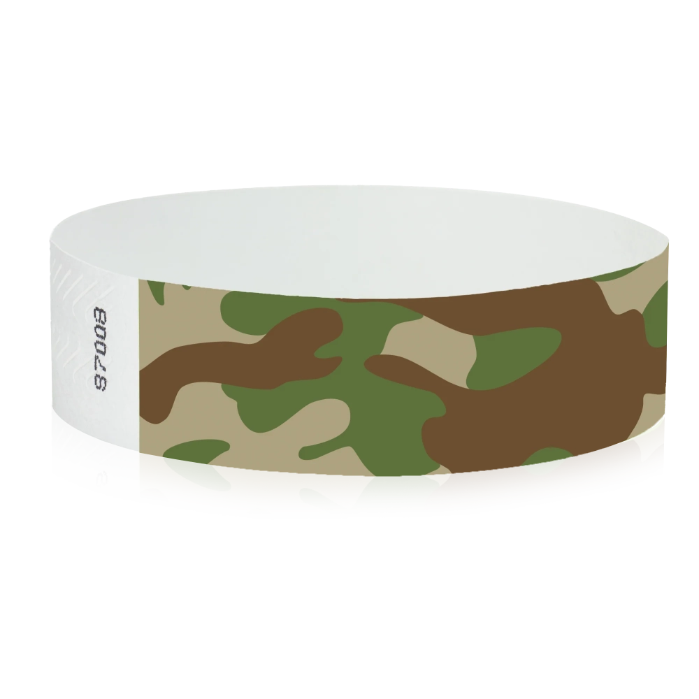 Camouflage-patterned tyvek wristband in army colours - round version shown
