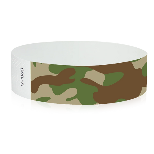 Camouflage-patterned tyvek wristband in army colours - round version shown