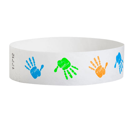 White tyvek wristband with neon orange, neon green and neon blue handprints - round version shown