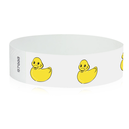 White tyvek wristband with yellow rubber duck illustrations - round version shown