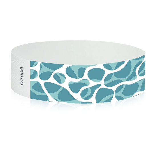 white tyvek wristband with blue pattern to look like a swimming pool line - round version shown
