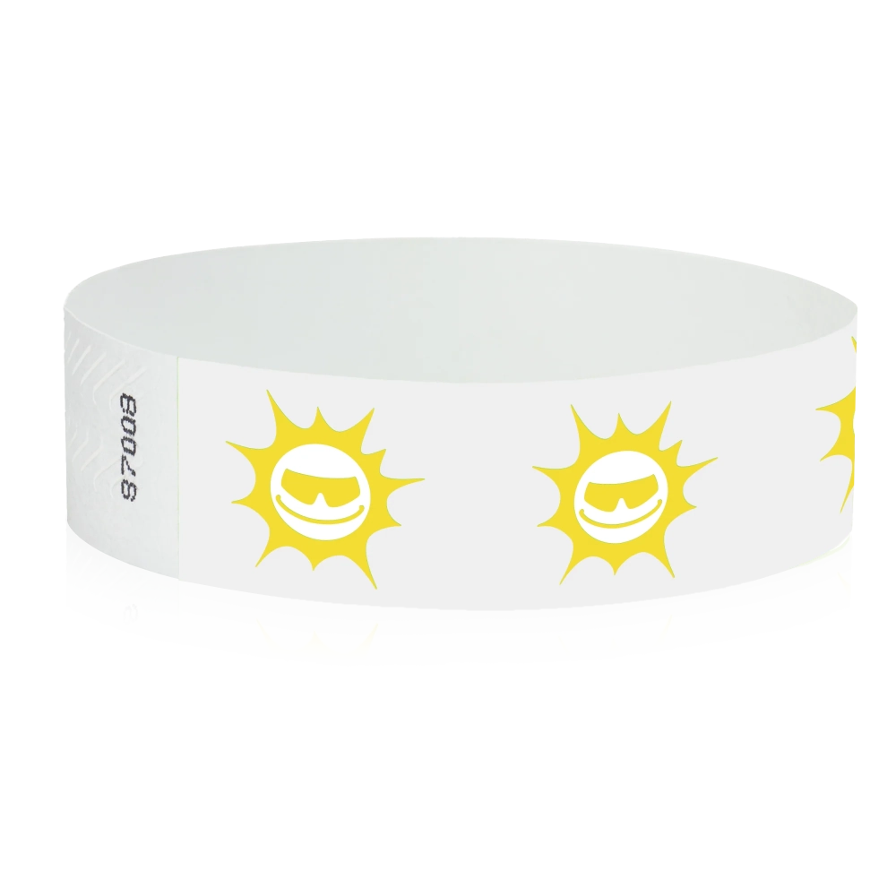 White tyvek wristband with pantone yellow sunface design - round version shown