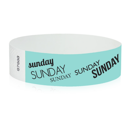 aqua tyvek wristband with sunday text in black ink - round version shown