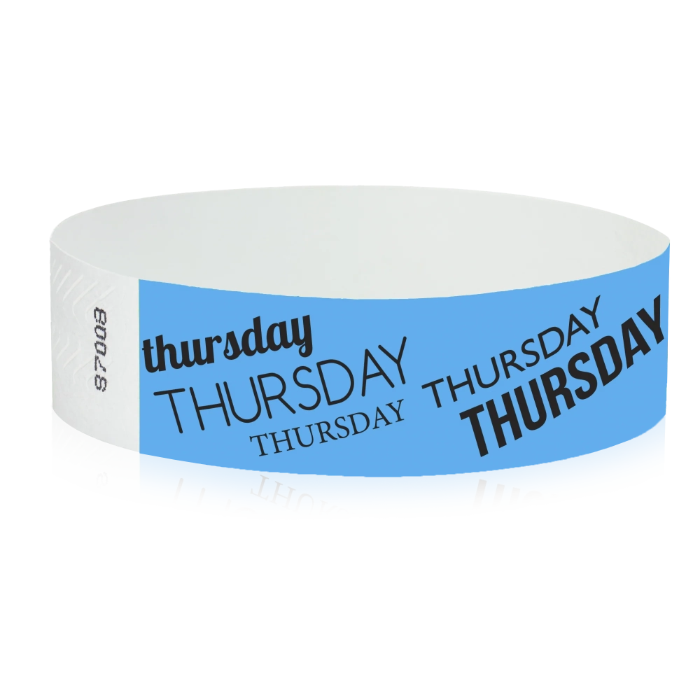 neon blue tyvek wristband with thursday  text in black ink - round version shown