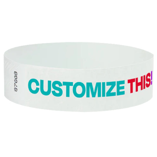 tyvek 3/4" full colour wristbands shown with a white wristband and coloured letters as a place holder for customization