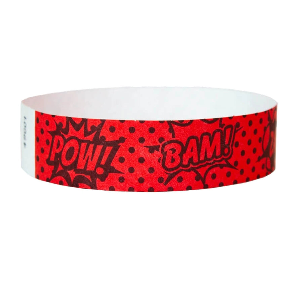 Neon Red tyvek wristband with 'POW!' and 'BAM!' text in black - round version shown