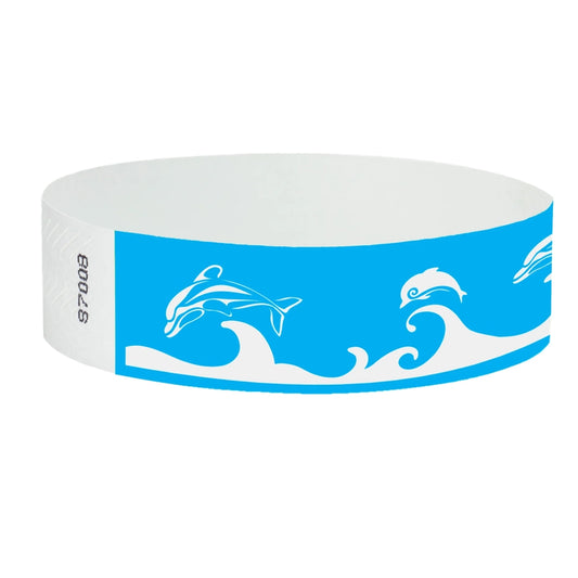 neon blue tyvek wristband with white dolphin and wave pattern - round version shown
