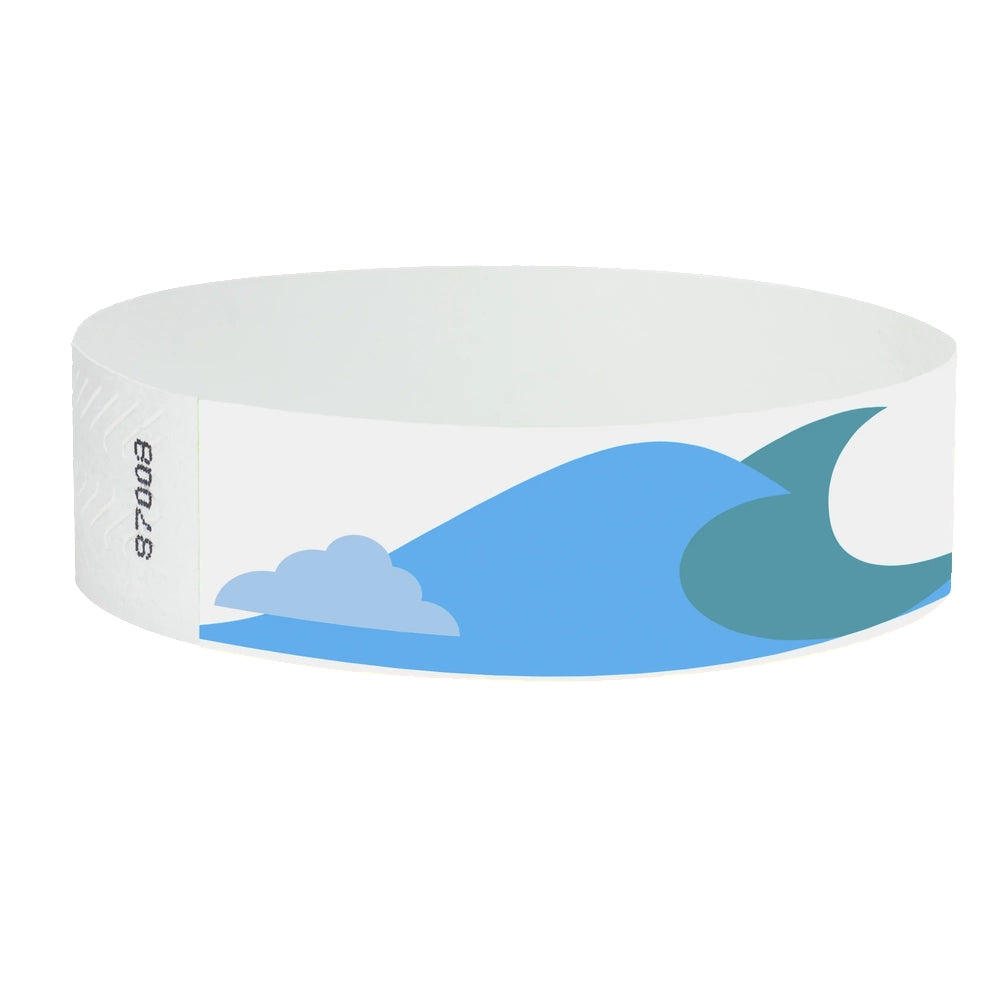 White tyvek wristband with blue wave and yellow sun design - round version shown