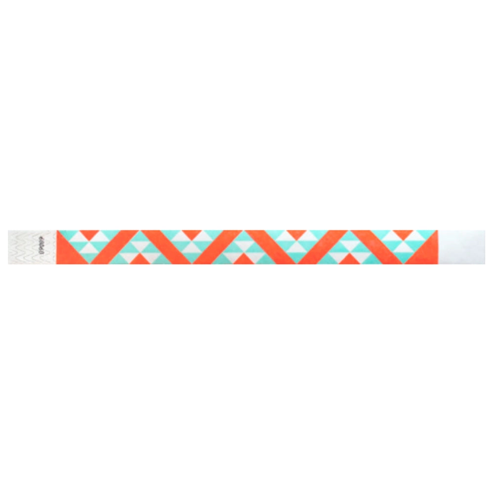 aqua and neon orange aztec pattern on a white tyvek wristband - full wristband shown