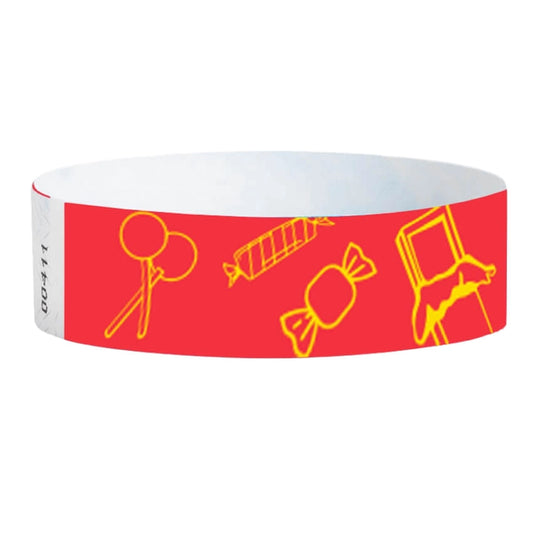 neon Red tyvek wristband with yellow candy illustrations - round version shown