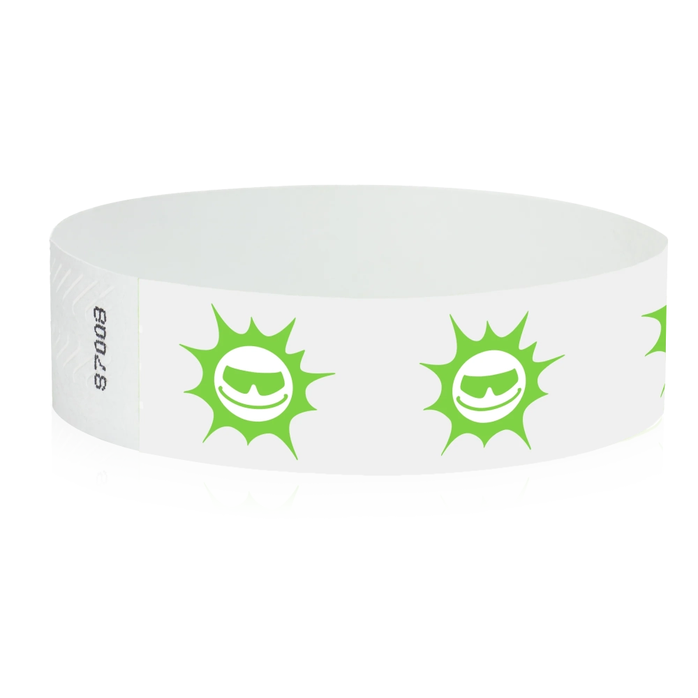 White tyvek wristband with neon green sunface design - round version shown
