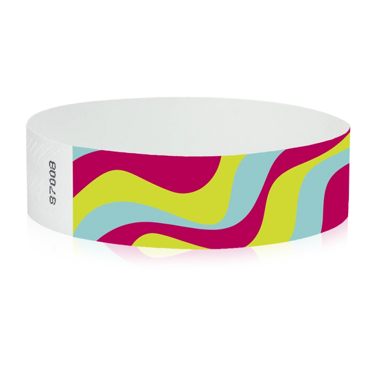 tyvek 3/4" wristband with neon red, neon yellow and aqua groovy stripe pattern