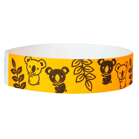 neon orange tyvek wristband with black koalas and leaves - round version shown