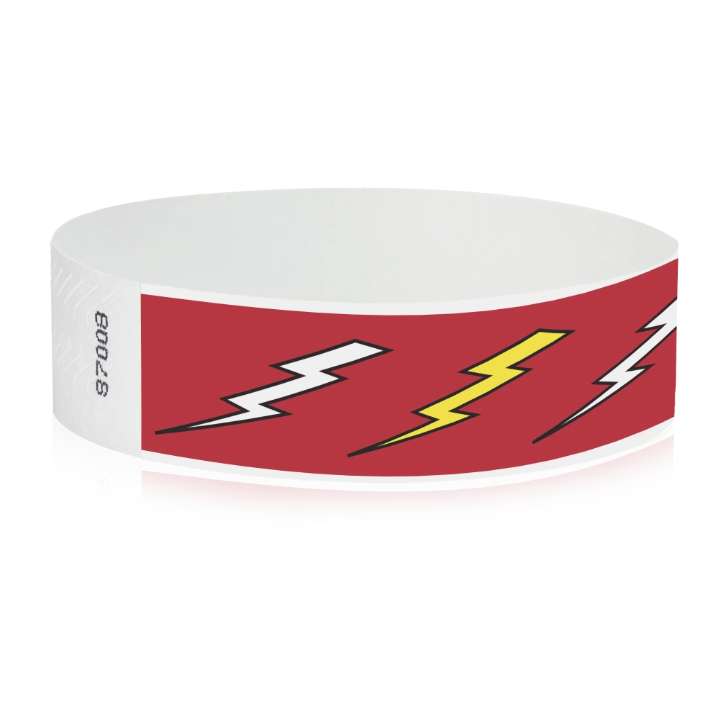 neon red tyvek wristband with white and neon yellow lightning pattern - flat version shown