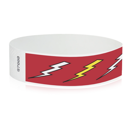 neon red tyvek wristband with white and neon yellow lightning pattern - flat version shown