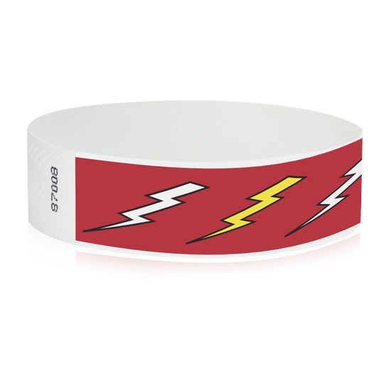 neon red tyvek wristband with white and neon yellow lightning pattern - flat version shown